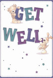 Radiating playful warmth and optimism, this get well card paints an inviting scene that could easily have been inspired by a joyful stroll along Green Lanes. Two delightful cartoon characters-a round-bellied teddy bear and an eager puppy-leap from the creamy white page, each balancing the over-sized, vibrant letters of 'Get Well' with infectious enthusiasm. The text, awash in indigos and cool teals, claims centre stage, its confident hues mirroring the bold florals gathered for get well bouquets at Florist Harringay. Overhead and all around, a scatter of star shapes in twinkling shades of blue and purple infuses a magical, hopeful feeling, as if well wishes themselves are floating gently through the neighbourhood air. Every illustrated detail feels lovely and welcoming: the bear's fur rendered plush and huggable, the puppy's ears so soft you can almost feel their touch-bringing to mind the solace of a gentle embrace or a bouquet's calming scent. The combination of lively artwork and comforting textures reminds us that kindness is local and immediate, ready to be shared whenever someone in Harringay needs a little more encouragement on their path to wellness.
